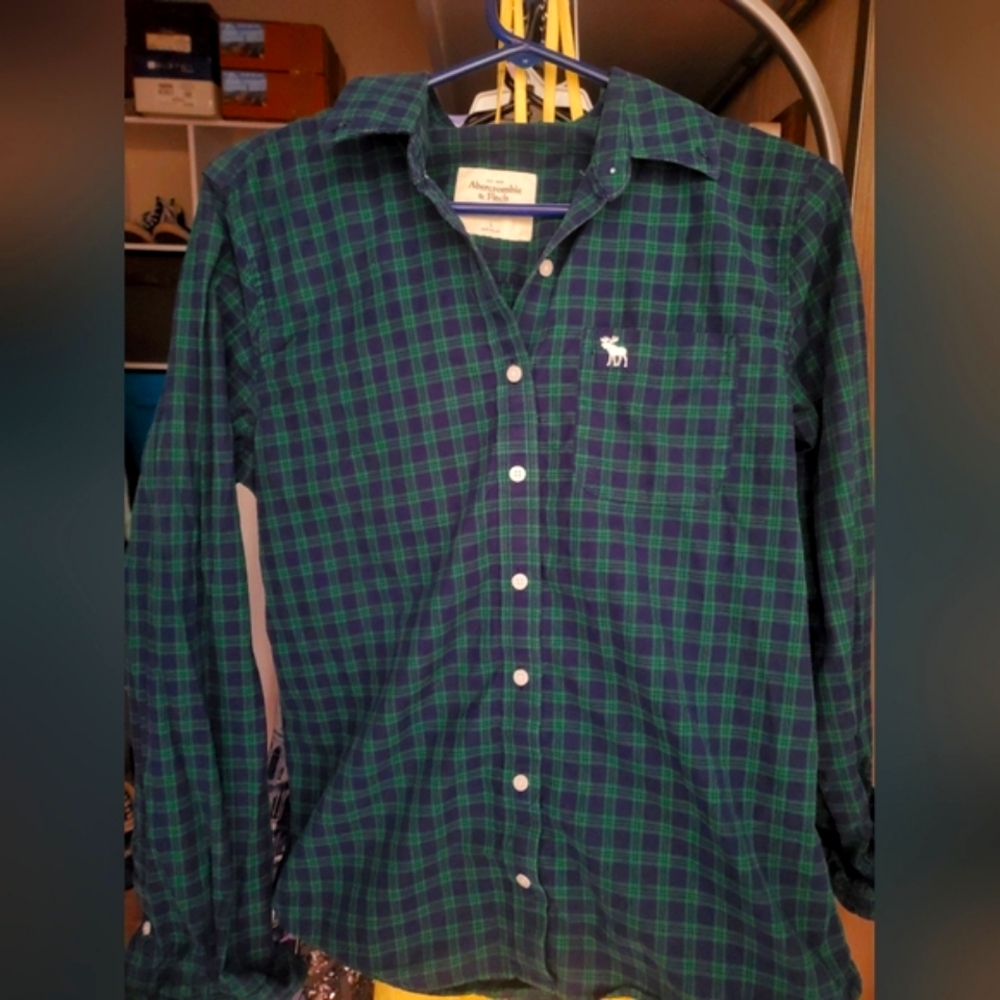 Vintage Abercrombie & Fitch 100% Cotton Blue and Green Plaid Shirt LARGE